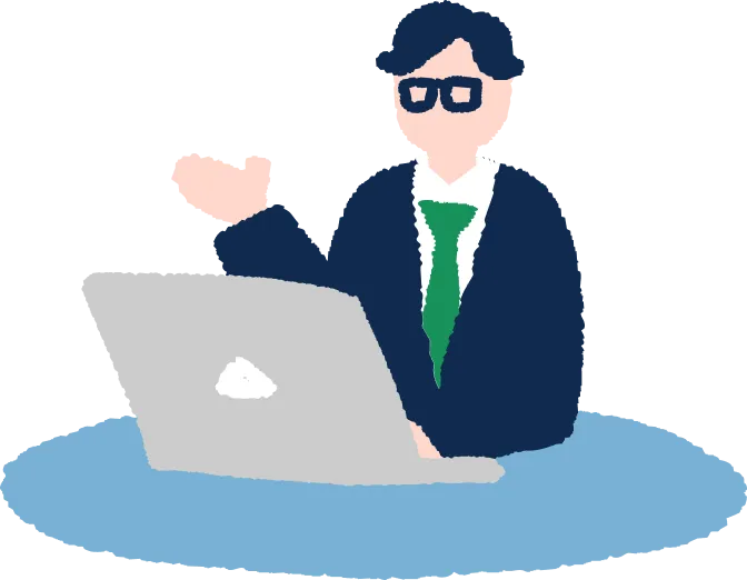 PCを見ながら案内するメガネをかけた不動産営業マンの様子